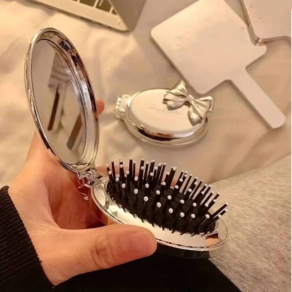 1PC Portable Bow Folding Comb Silver Air Cushion Pocket Comb Plastic with Mirror Mini Hair Brush Hairdressing Tools