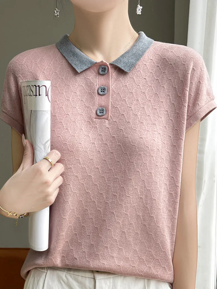 

2025 Women's T-shirt Summer New Worsted Knitted Sweater Short Sleeve Casual Splicing Ladies' Clothes POLO Collar Tops Loose Tees
