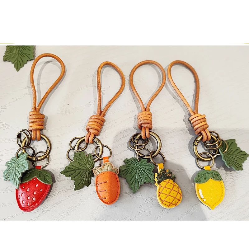 5pcs Keychain Cute Vintage Cowhide Rope  Strawberry  Lemon Car Key Ring Lovely Backpack Handbag Pendant