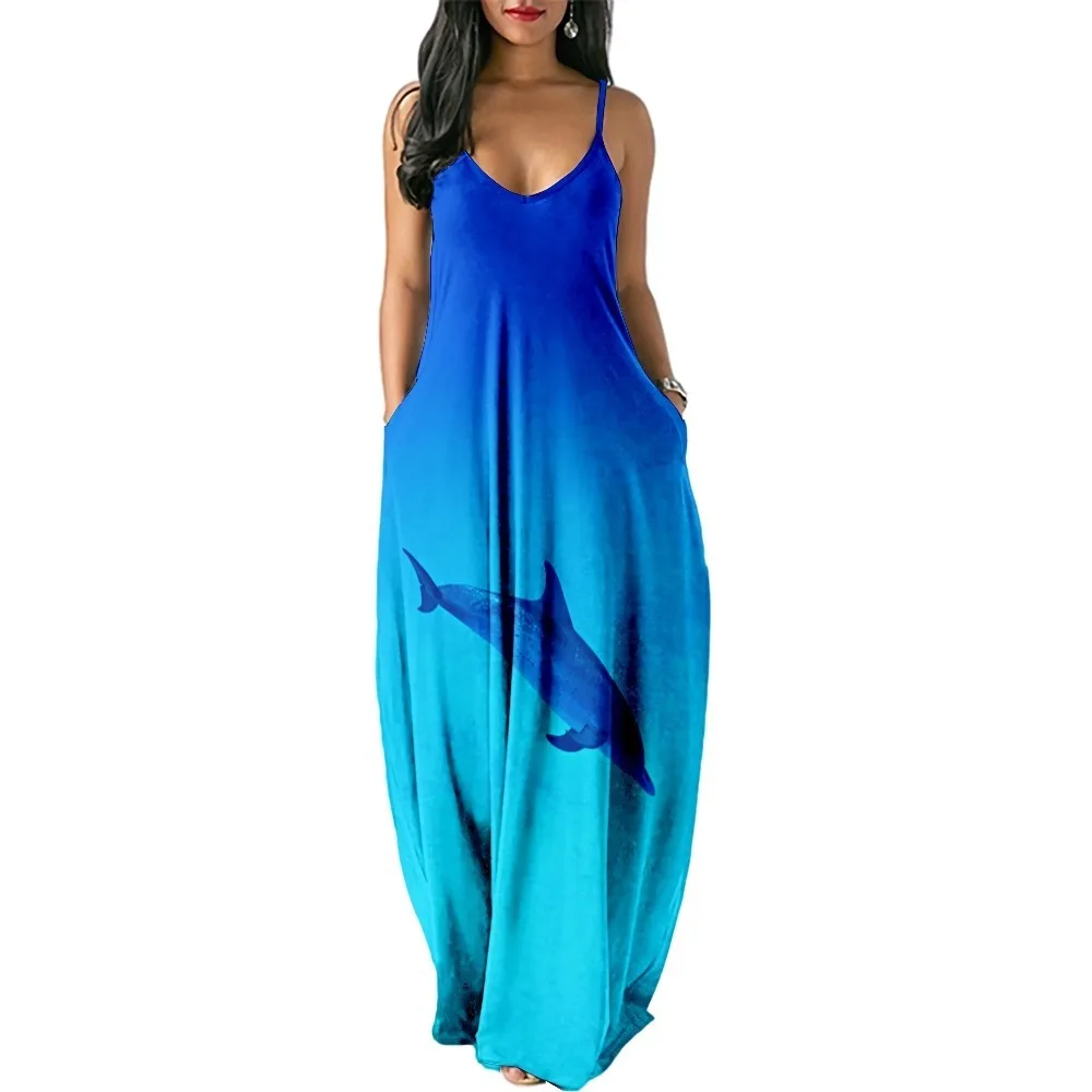 Casual Dresses Women Cute Dolphin Print Dress Girls Gothic Sleeveless Party Dress Fashion Beach Sundress Female Pocket Vestido