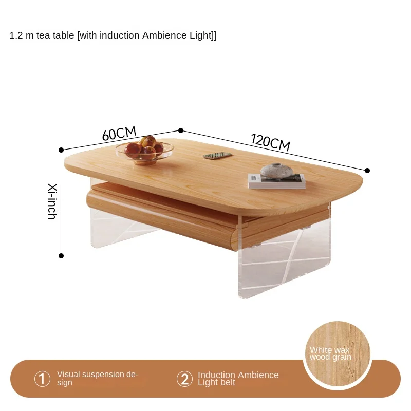 Solid Wood Acrylic Suspended Coffee Table Small Apartment Living Room Log with Light Tea Table