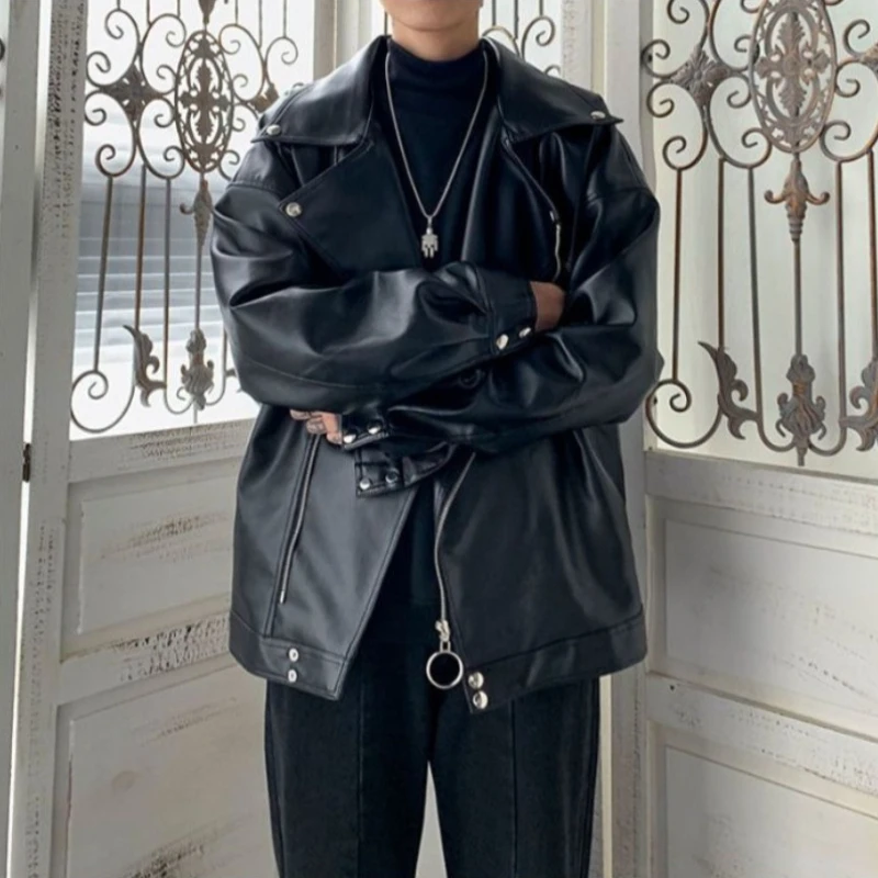 

Cool Men's PU Leather Motorcycle Jacket Loose Fitting Pilot Coat for Youth Trendy Autumn Winter Casual Layering Piece