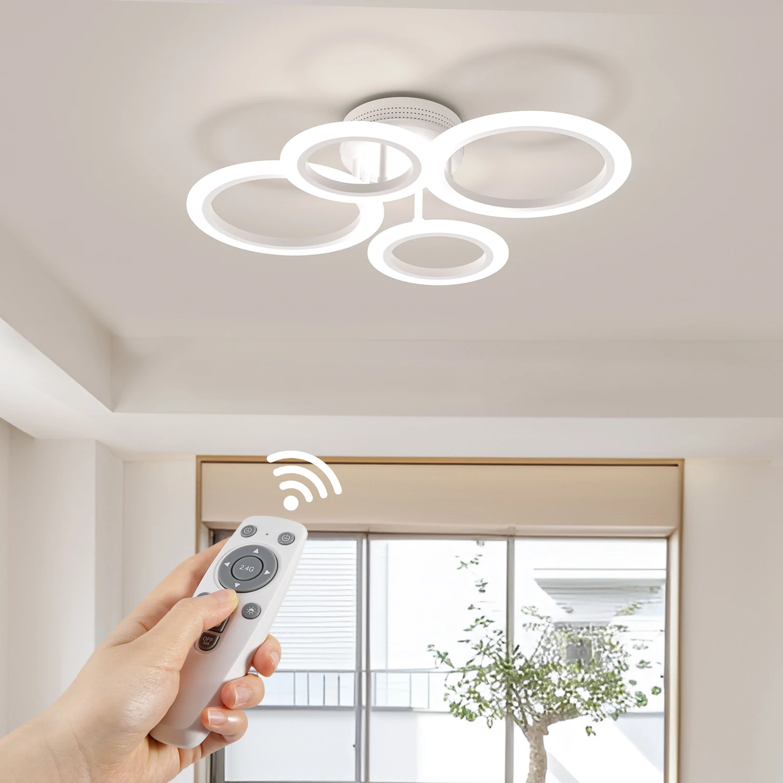 

OUQI Modern LED Ceiling Light, 4 Rings Flower Flush Mount Light Fixture with Remote Control Chrome Dimmable Ceiling Lamp