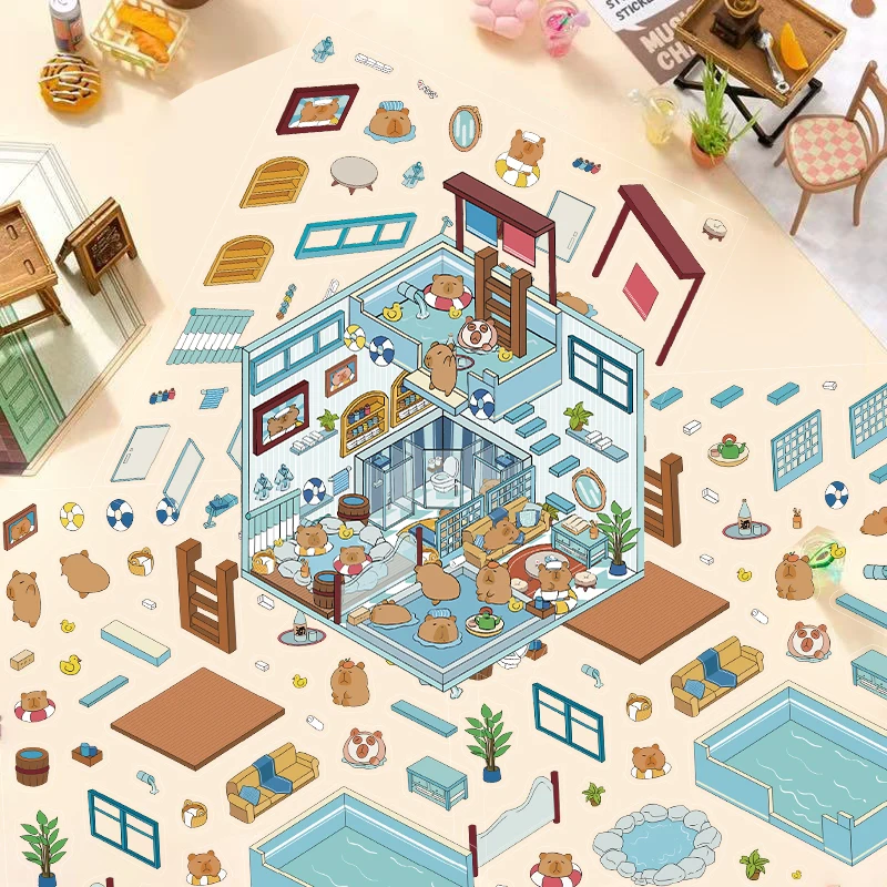 2Pcs Capybara Bathroom Landscape Sticker Collection Book Album Cartoon Scene DIY Toy Game Festival Birthday Gift