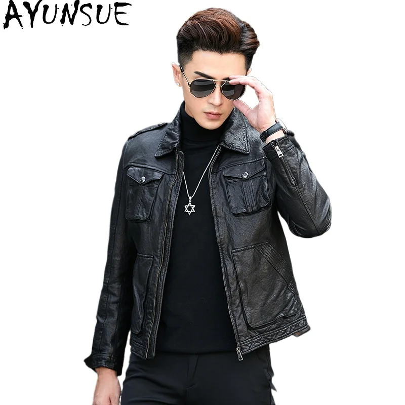 

AYUNSUE Top Quality Real Sheepskin Men Leather Jacket Short Fashion 100% Genuine Leather Jackets Man Motorcycle Coat Streetwear
