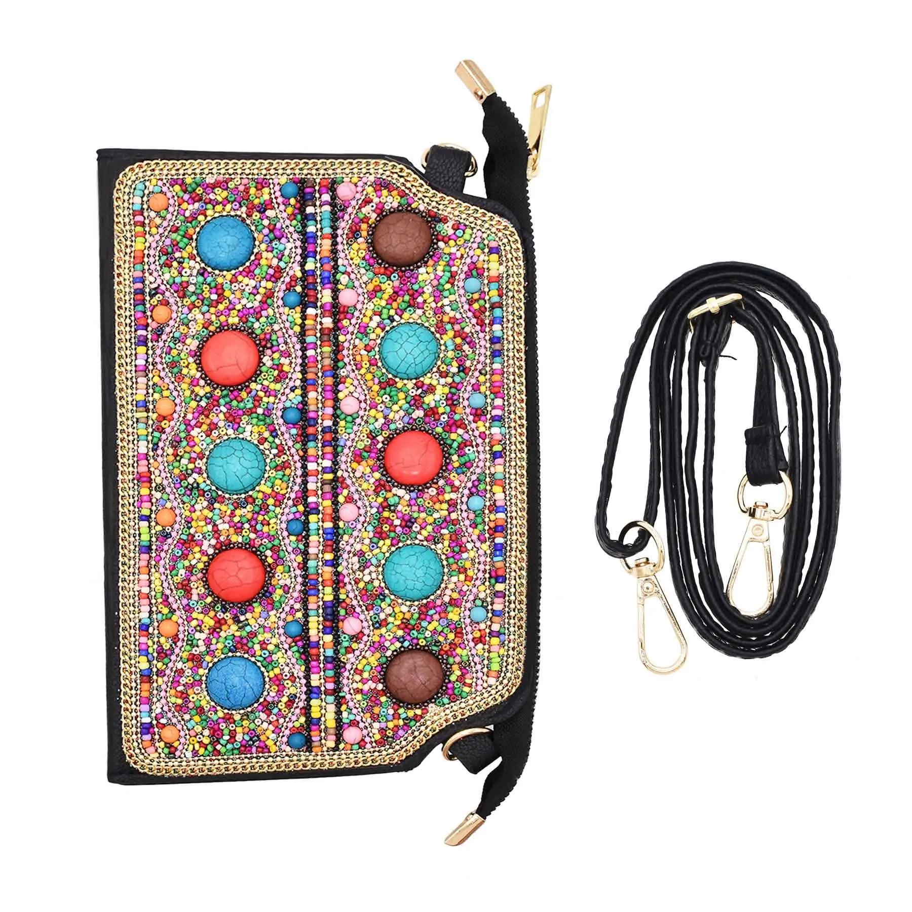 Bohemian Women Rice Beads Short Hand Bag Purse Cosmetic Bag Tibetan Turquoise Ethnic Colorful Beads Bags