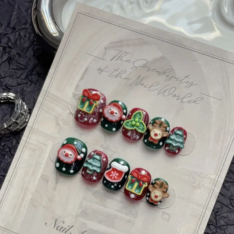 

Handmade Christmas Design Press on Nails for Girls Red False Nails Snowman Fawn Short Detachable Fake Nails with Box and Tools