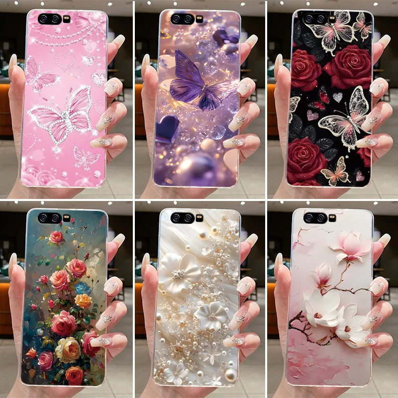 Funda para Huawei P10 VTR-L29, funda transparente de lujo con diseño de mariposa y flor, funda de silicona suave de TPU para teléfono Huawei P10 Plus VKY-L29