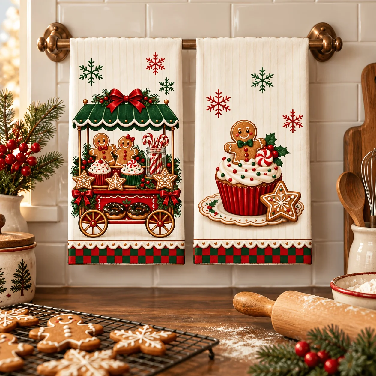 2Pcs Christmas Gingerbread Man Kitchen Towels, Cute Cupcake Candy Cart Snowflake Dish Towels, Soft Absorbent Microfiber