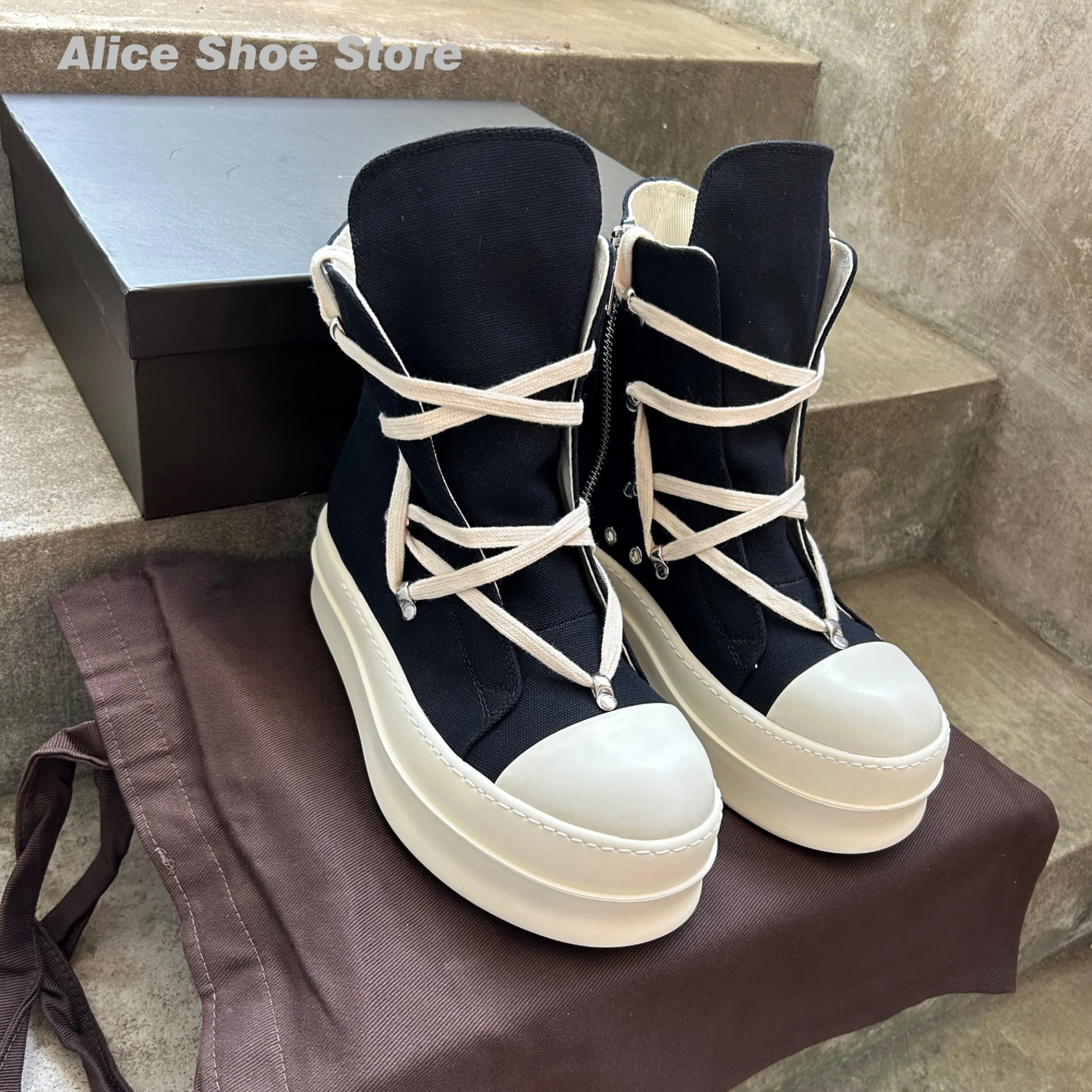 

Designer Women Ankle Boot, Luxury Girl's Black Pentagram Zip Boot, 6cm Platform High Punk Casual Shoe, Flat Canvas Street Shoe