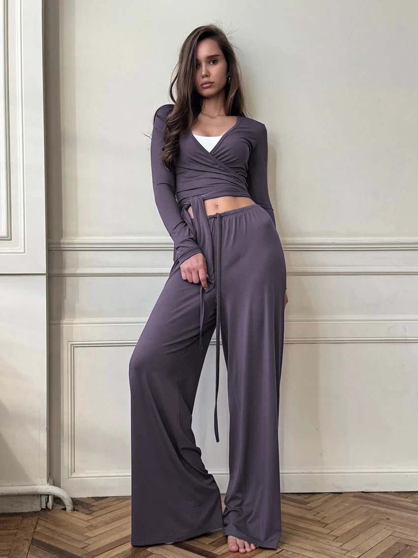 

Новинка 2026: Модный женский комплект для сна – ночная рубашка с V-образным вырезом, пижама с длинным рукавом, штаны на шнуровке, зимний комплект женской ночной одежды