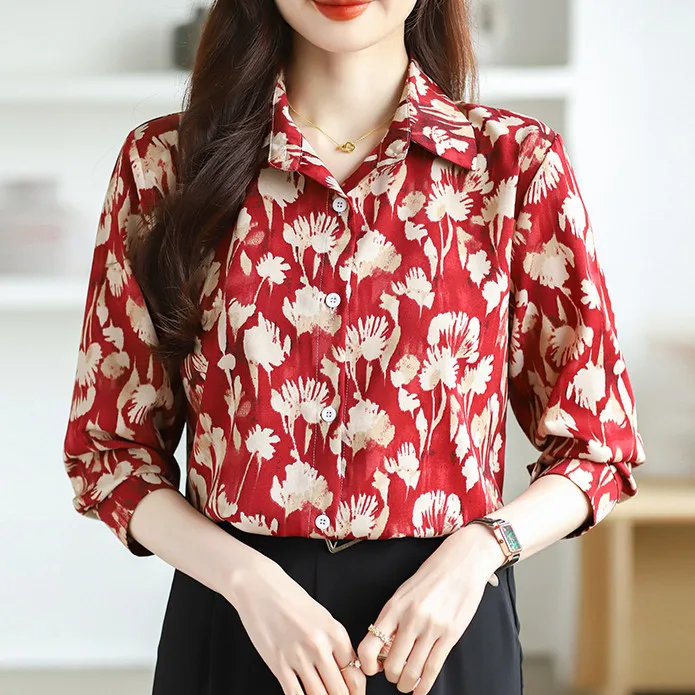 

New Vintage Floral Print Red Blouse Travel Casual Loose Long Sleeve Lapel Beautiful Shirt for Women Spring Summer Top Clothes