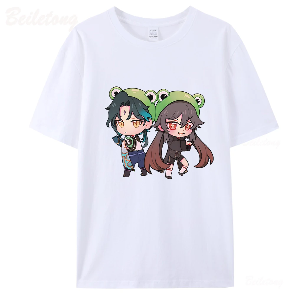 Hu Tao i Xiao Cute Genshin Impact T Shirt Women Printing 100% Cotton Summer Oversized Tops Harajuku Tees Cartoon Fast Shipping