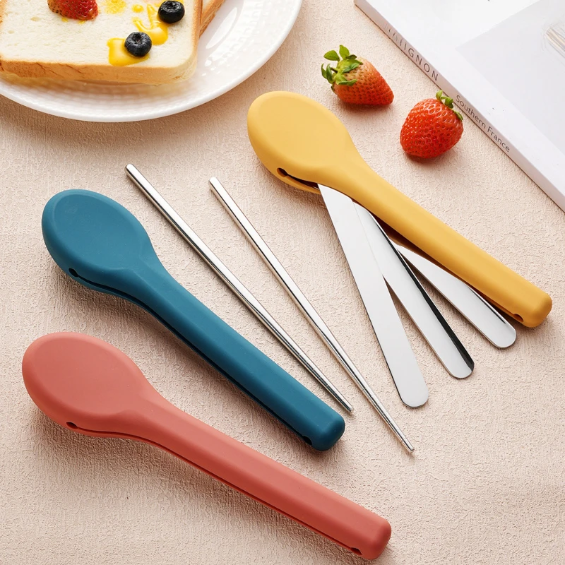Creative Silicone Cover 304 Stainless Steel Portable Tableware Set Outdoor Camping Tableware Travel Knife Fork Spoon Set