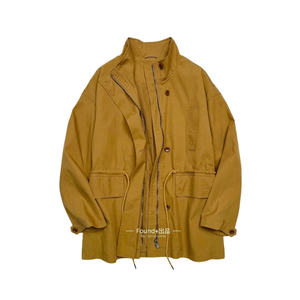 SuperAen Casual Stand-up Collar Safari Style Mid-length Coat for Women A-line Pleated Waist 2026 Spring and Autumn New Trench