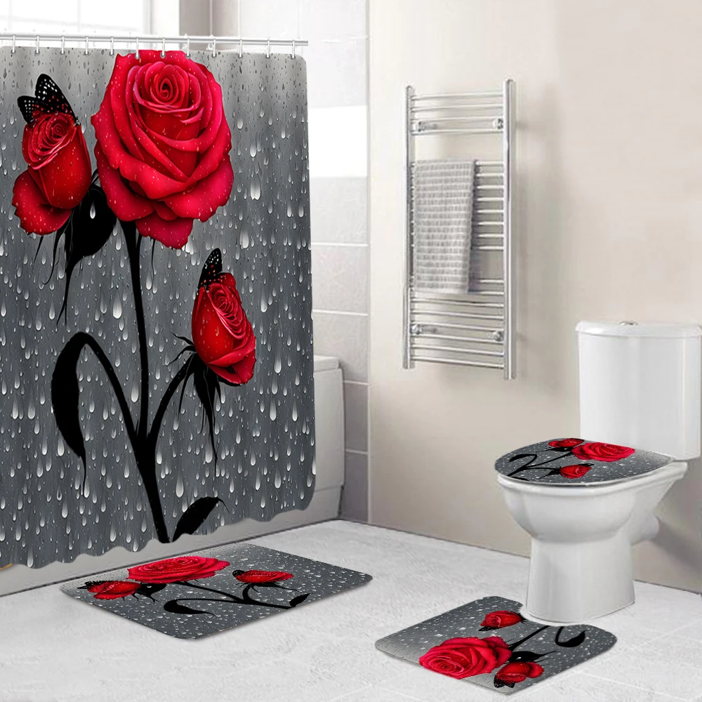 Bathroom Bathtub Bathing Waterproof Shower Curtain Home Entrance Doormat 4Pcs Set Toilet Seat Cover Rug Bath Anti-Slip Floor Mat