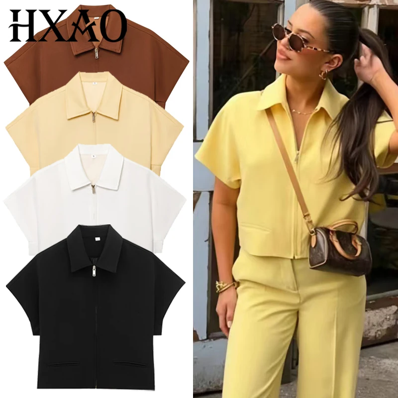 

HXAO Women's Jackets Cropped Zip Up Outerwears Khaki Black White Yellow Tops New In Coats & Jackets Zipper Short-Sleeved Jacket
