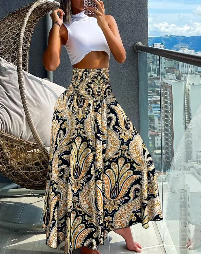 Women's Pants 2025 Spring Fashion Paisley Print Shirred High Waist Wide Leg Pants Casual Vintage Loose Daily Long Pants