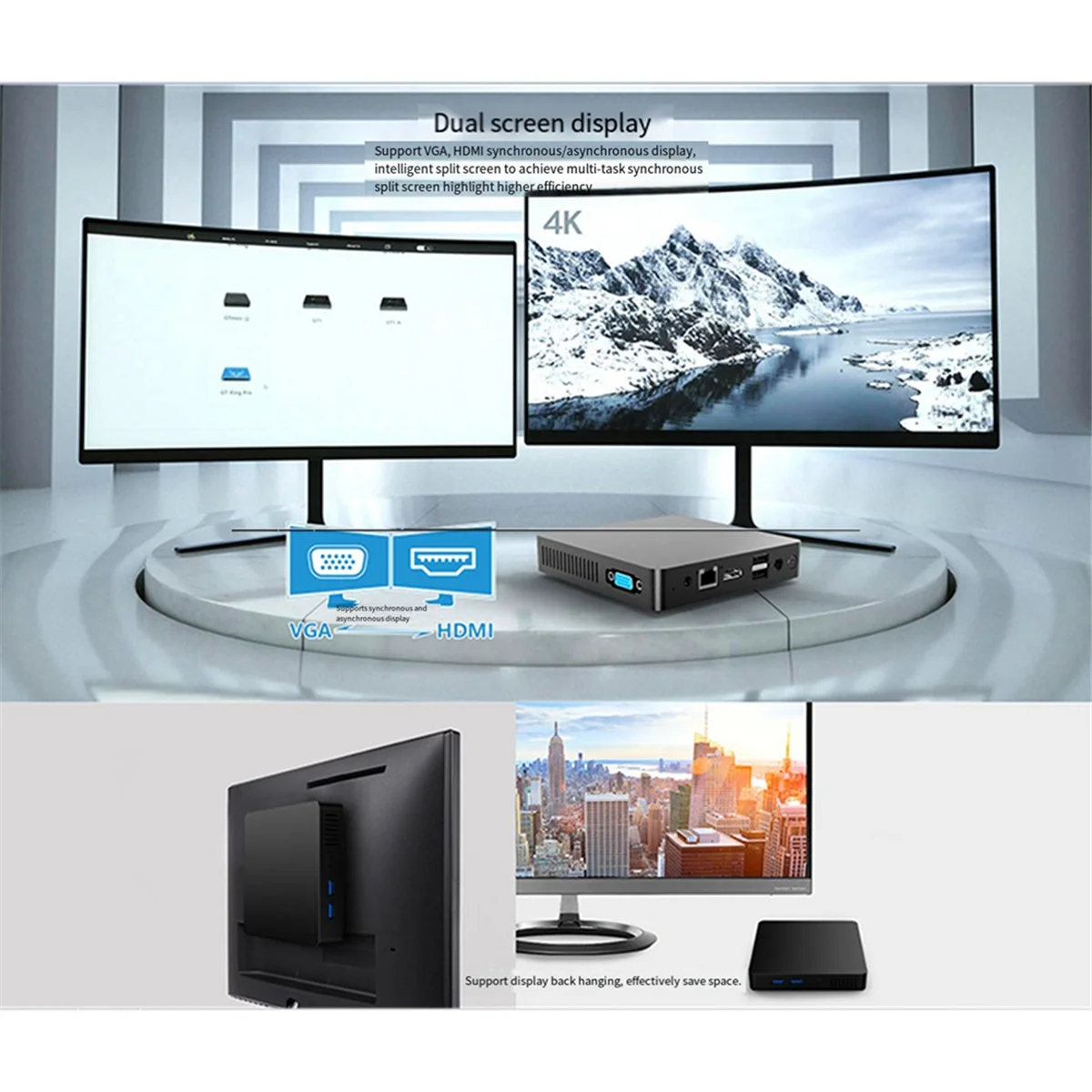 Mini PC M2 avec Intel Celeron N3350, ordinateur de bureau portable, Wi-Fi, BT 4.0, 6 Go de RAM,64 Go Dean, ports HDMI et VGA, prise UE