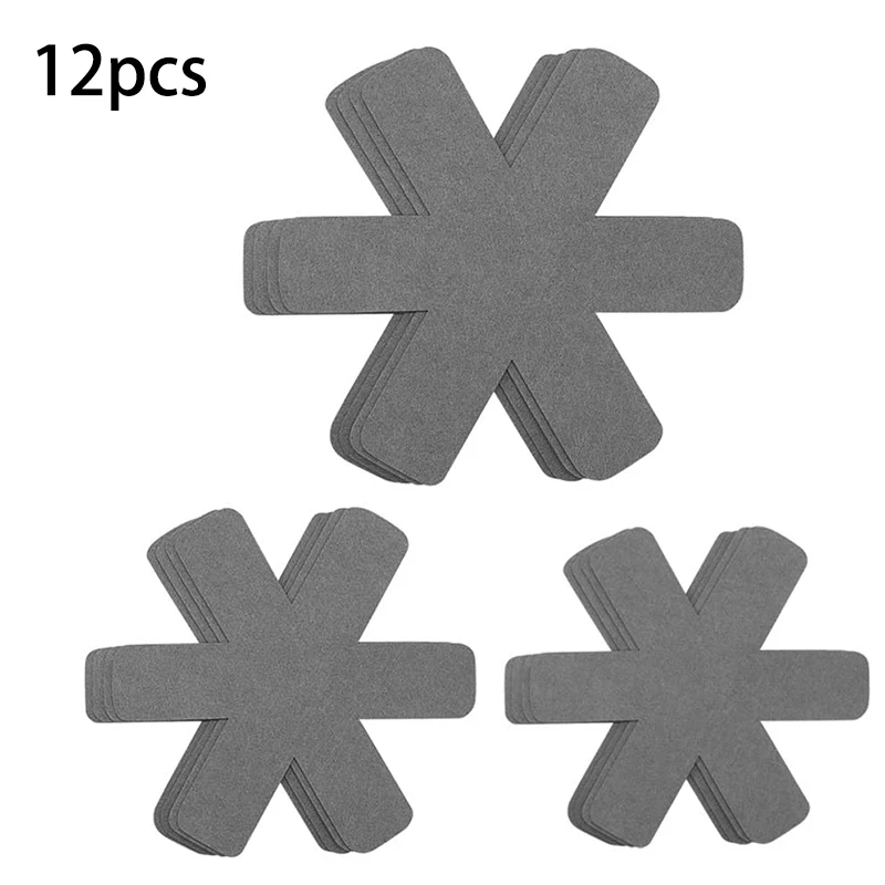 Lot de 12 protections pour casseroles TANsaupoudrer, 3 différentes poêles plus grandes, coussinets pour protéger et séparer vos ustensiles de cuisine (gris)