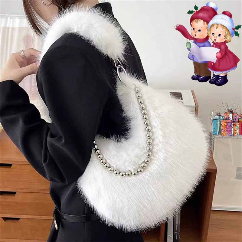 Luxurious Faux Fur Tote Bag Chic Underarm Shoulder Bag Stylish Handbag & Purse with Pearl Chain Strap, Polyester Lined Interior