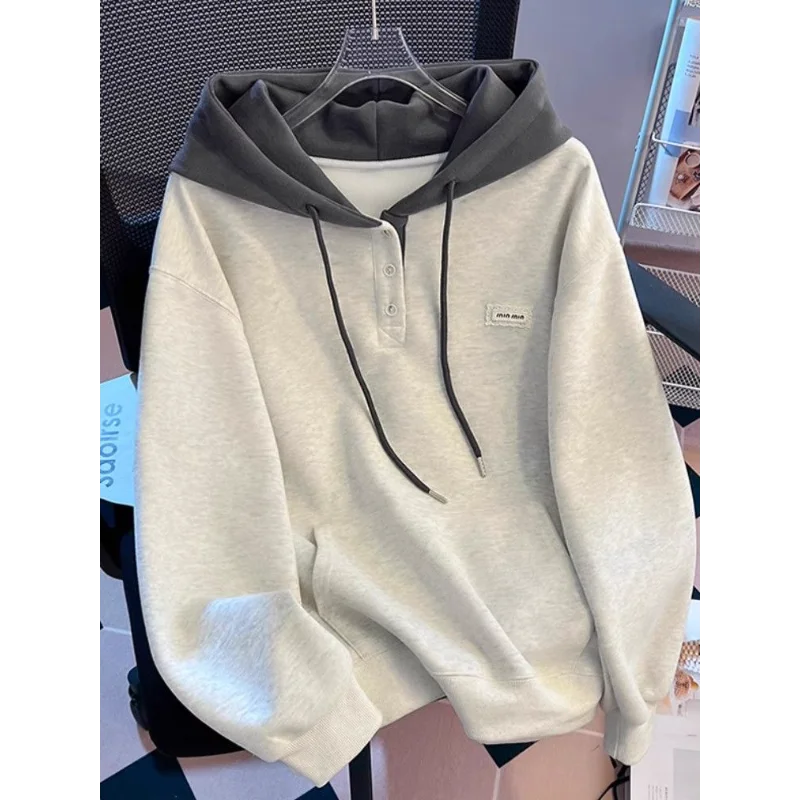 

New Autumn and Winter Loose Slim Single-breasted Design Contrasting Color Hooded Sweatshirt Long-sleeved Top