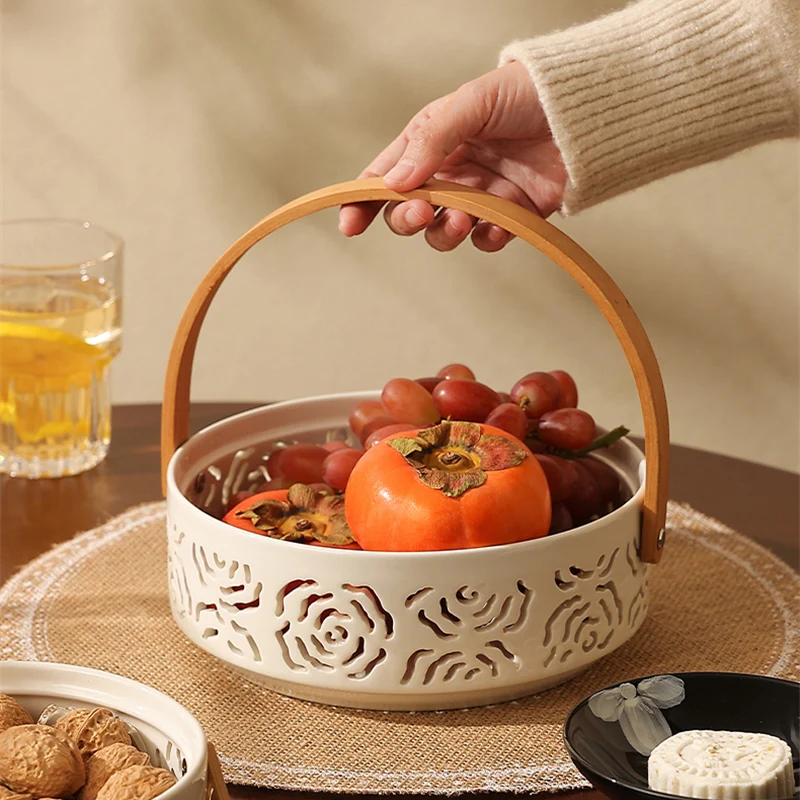 Ceramic Hollow Basket Fruit Plate Living Room Exquisite White Snack Dessert Storage Tray Retro Elegant Picnic Basket Gift