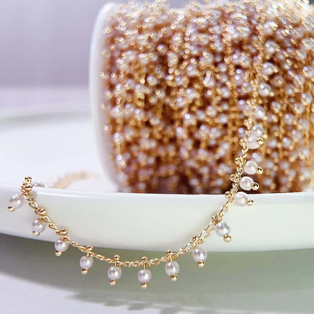 0.5M 1M Imitation Pearl Ball Charm Beaded Chain Plastic White Waterdrop Beads Copper Chains Necklace Cloth DIY Jewelry Findings