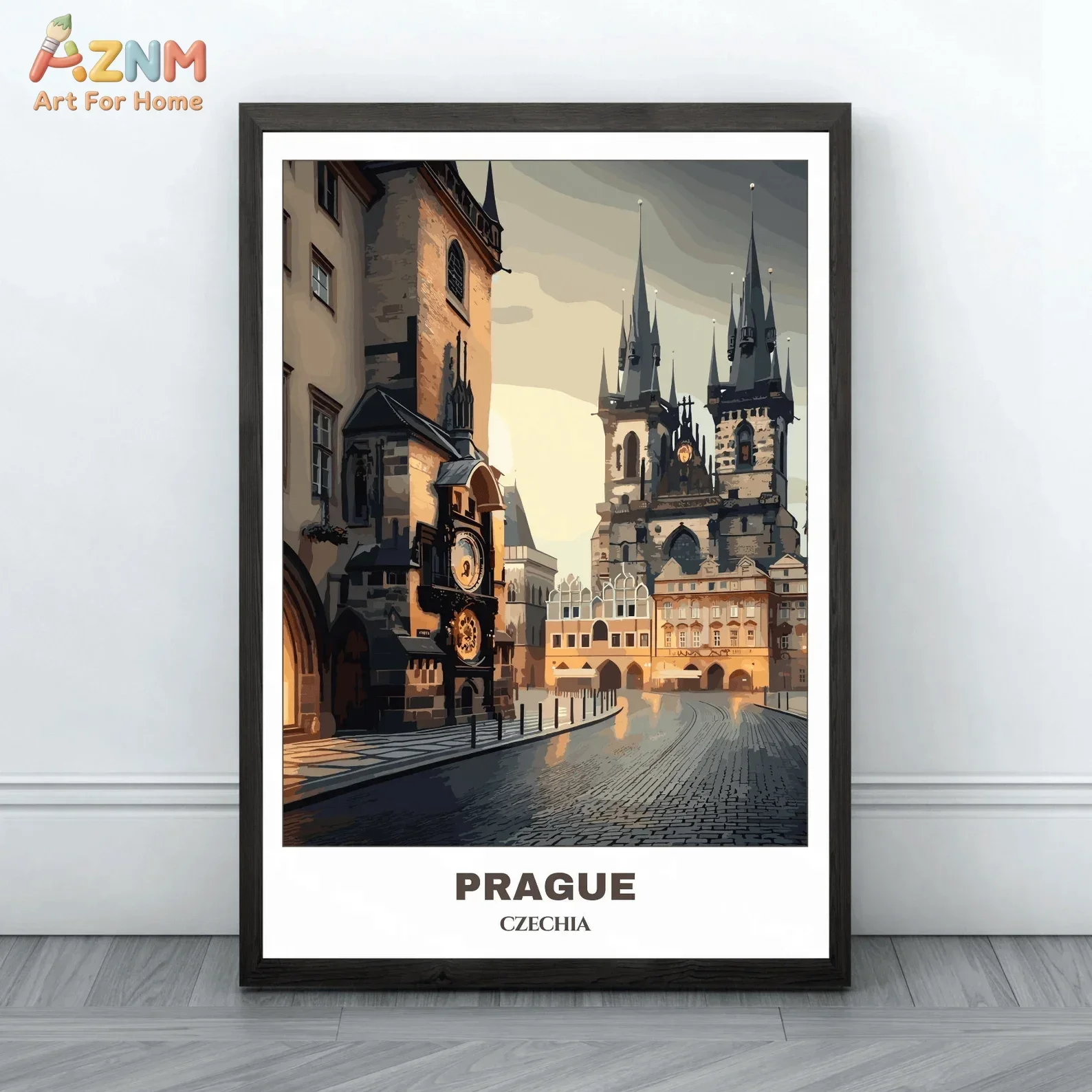 AZNM Prague Czechia Travel Canvas Wall Art Astronomical Clock Tyn Church Vintage City Landscape Art Print Poster Home Wall Decor