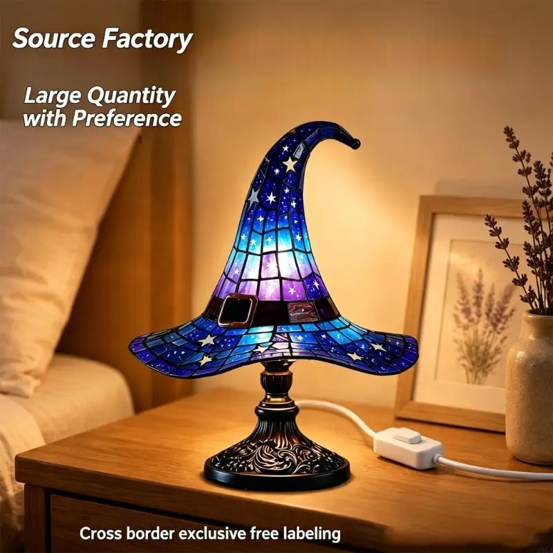 Resin Witch Hat Decor Light for Halloween Displays, USB Powered Night Light With Gentle Lighting and Blue Patterned Shade for