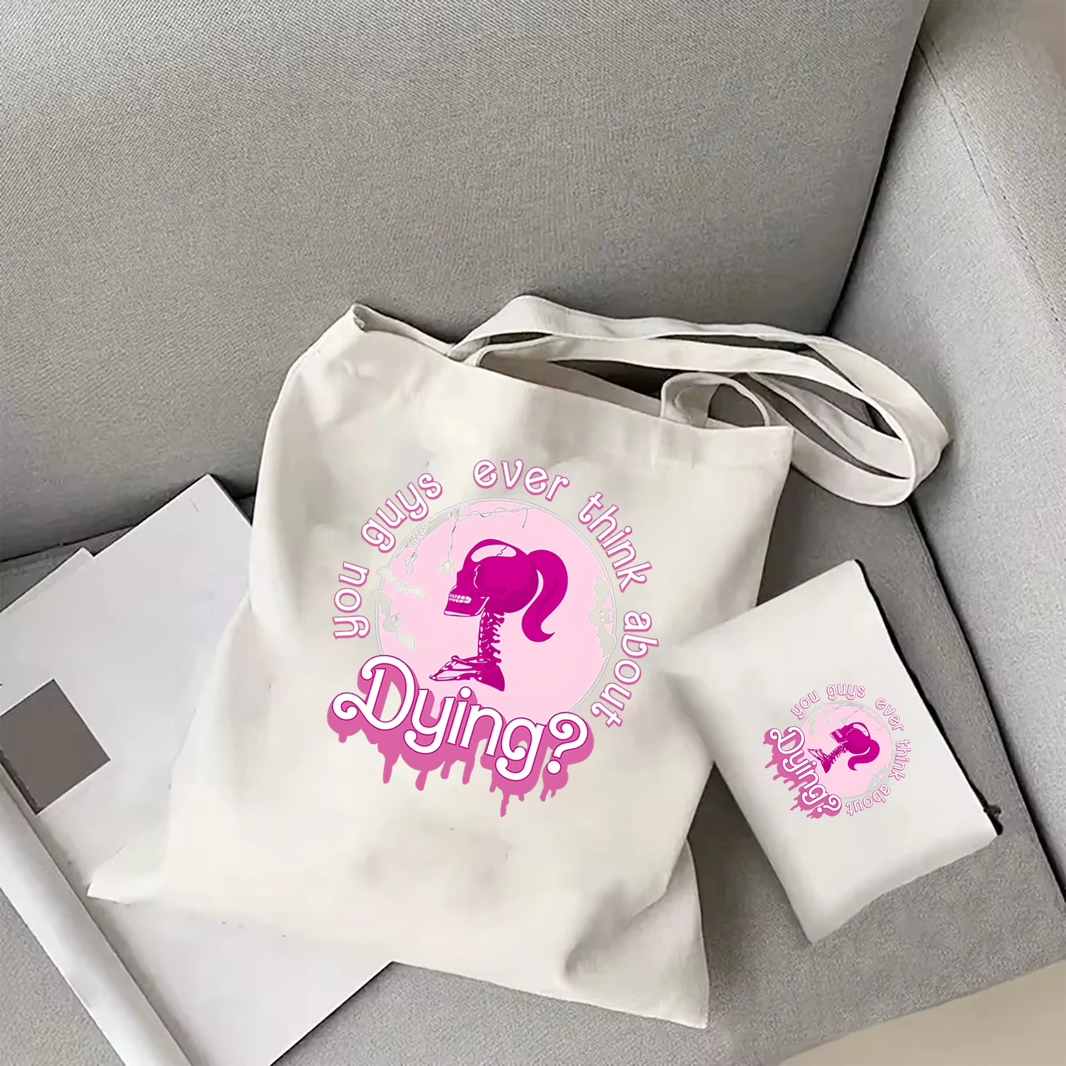 You Guys Ever Think About Dying Funny Quote Tote Bag Trendy Movie Shoulder Bag Pink Barbie Skull Canvas Bag Halloween tote bag