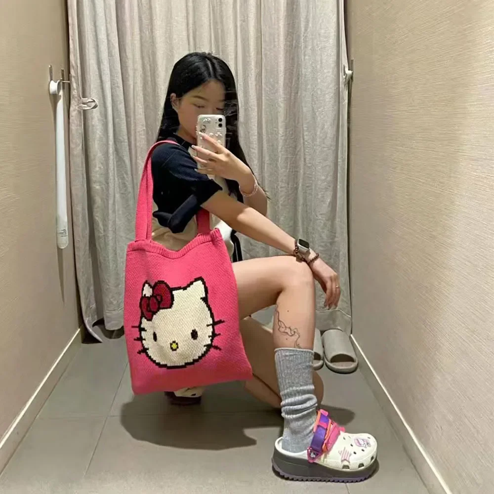 Sanrio Hello Kitty Cartoon Knitted Bag Cute Children's Fun Handle One Shoulder Large Capacity Instagram Handbag Tote Bag Gifts