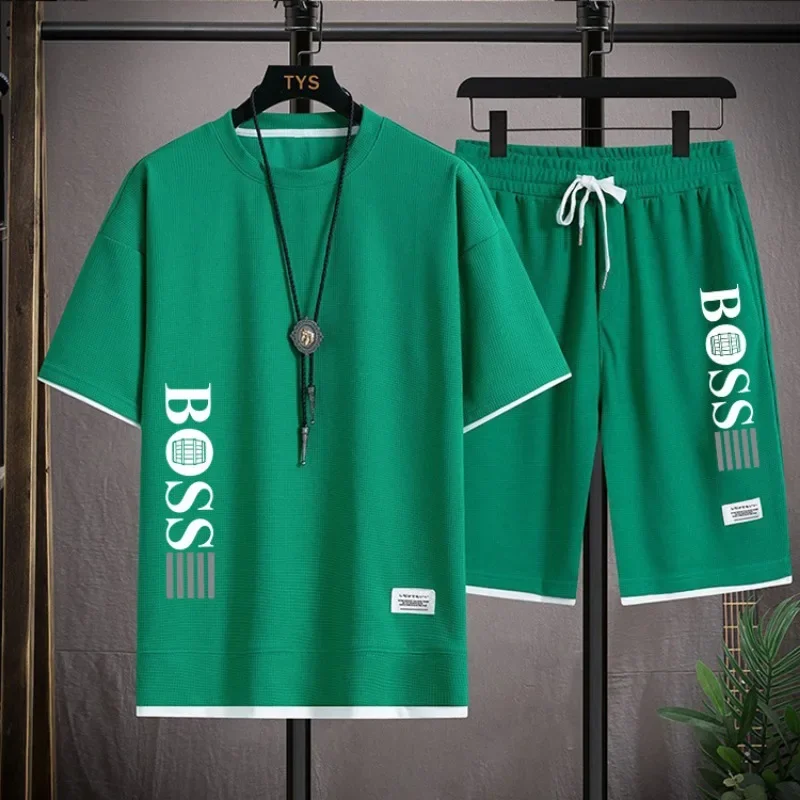 

2025 Men's summer loose and breathable short-sleeved round-neck top + comfortable running shorts, men's quick-drying sportswear