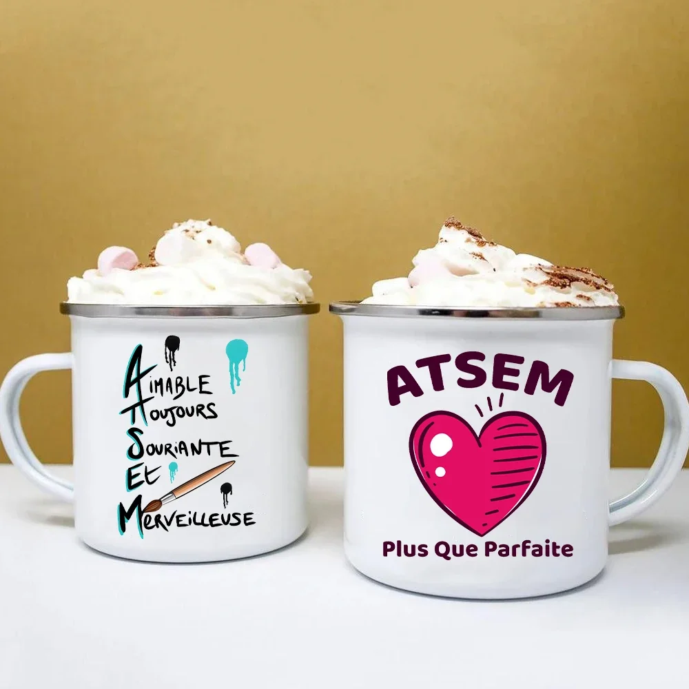 ATSEM Is Very Perfect Print Coffee Cups Enamel Mugs Gift for Teachers Juice Tea Water Cup Thanks ATSEM Present Enamel Mug