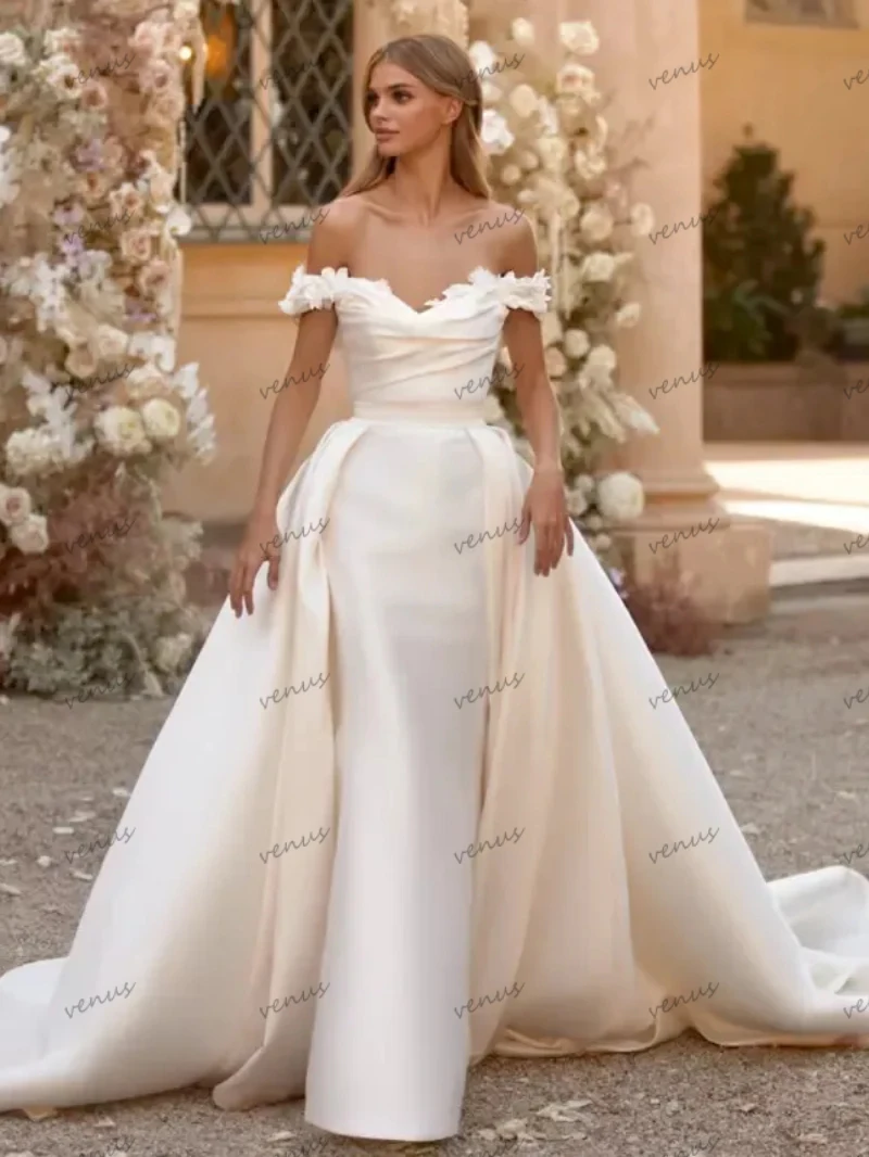 Graceful Wedding Dresses For Women 2024 Boat Neck Satin Robes For Formal Party Off The Shoulder Bridal Gowns Vestidos De Novia