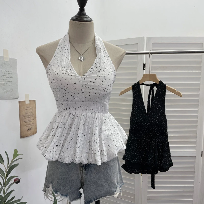 Real Shot Polka Dot Halter Neck Tank Top with Bowknot Hem, Slimming Short Sleeveless Top