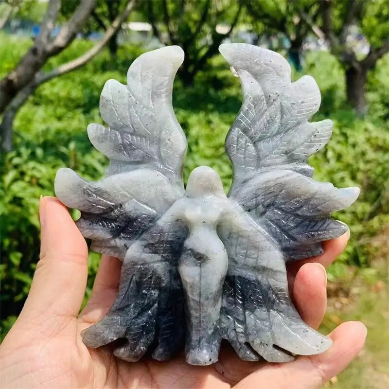 Natural Labradorite Seraph Angel Carving Stand Energy Gemstone Healing Stone Home Decoration Gift 1PCS