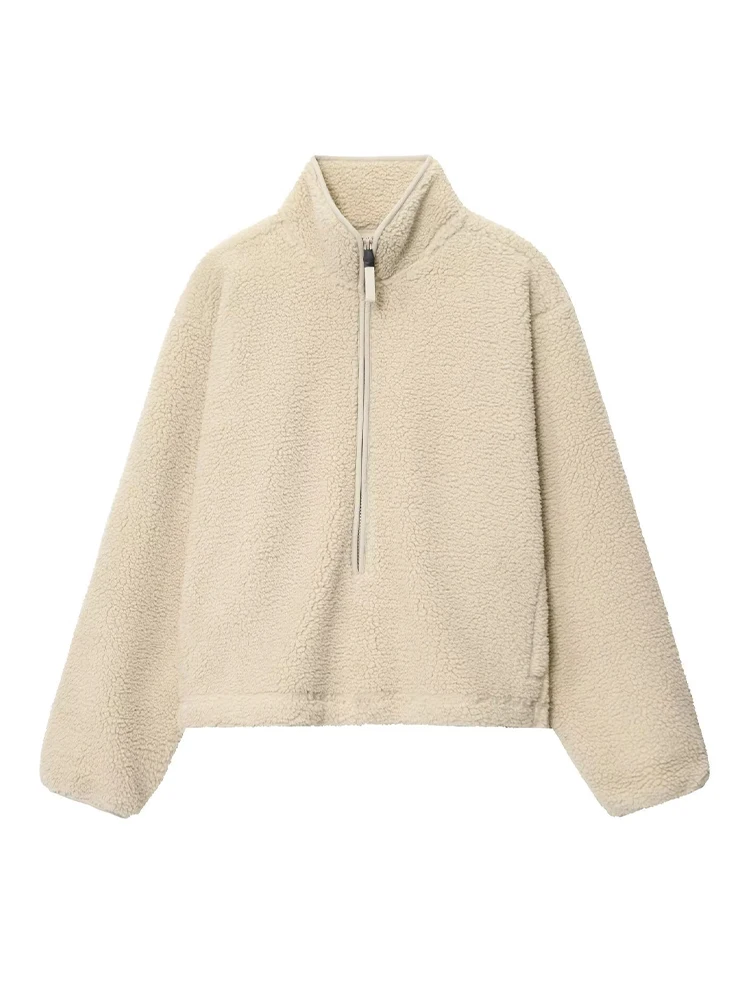 HH frauen 2025, Winter Neue Lose Beiläufige Teddy Samt Sport Top Weibliche Einfache Vielseitig Zipper Langarm Pullover Jacke mujer