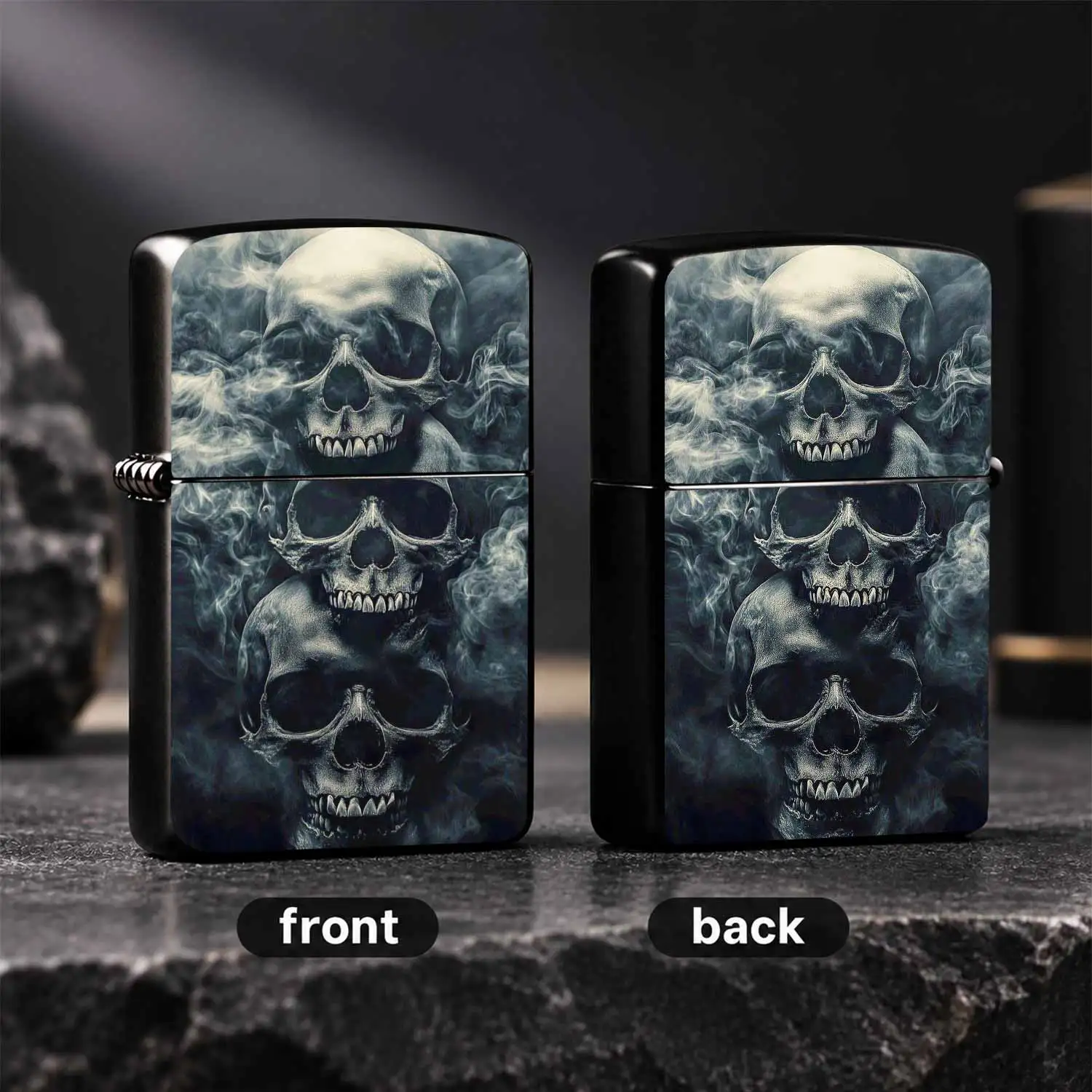 Vintage Punk Skull Design, Cool Stacked 3 Skulls With Smoky Texture Decor, PORTABLE Windproof Direct Flame, Unique Collectible Accessory, Ideal Gift For Men, Hipsters For Birthday Holiday, Durable Non-slip Daily Carry Ignition TOOL For Outd