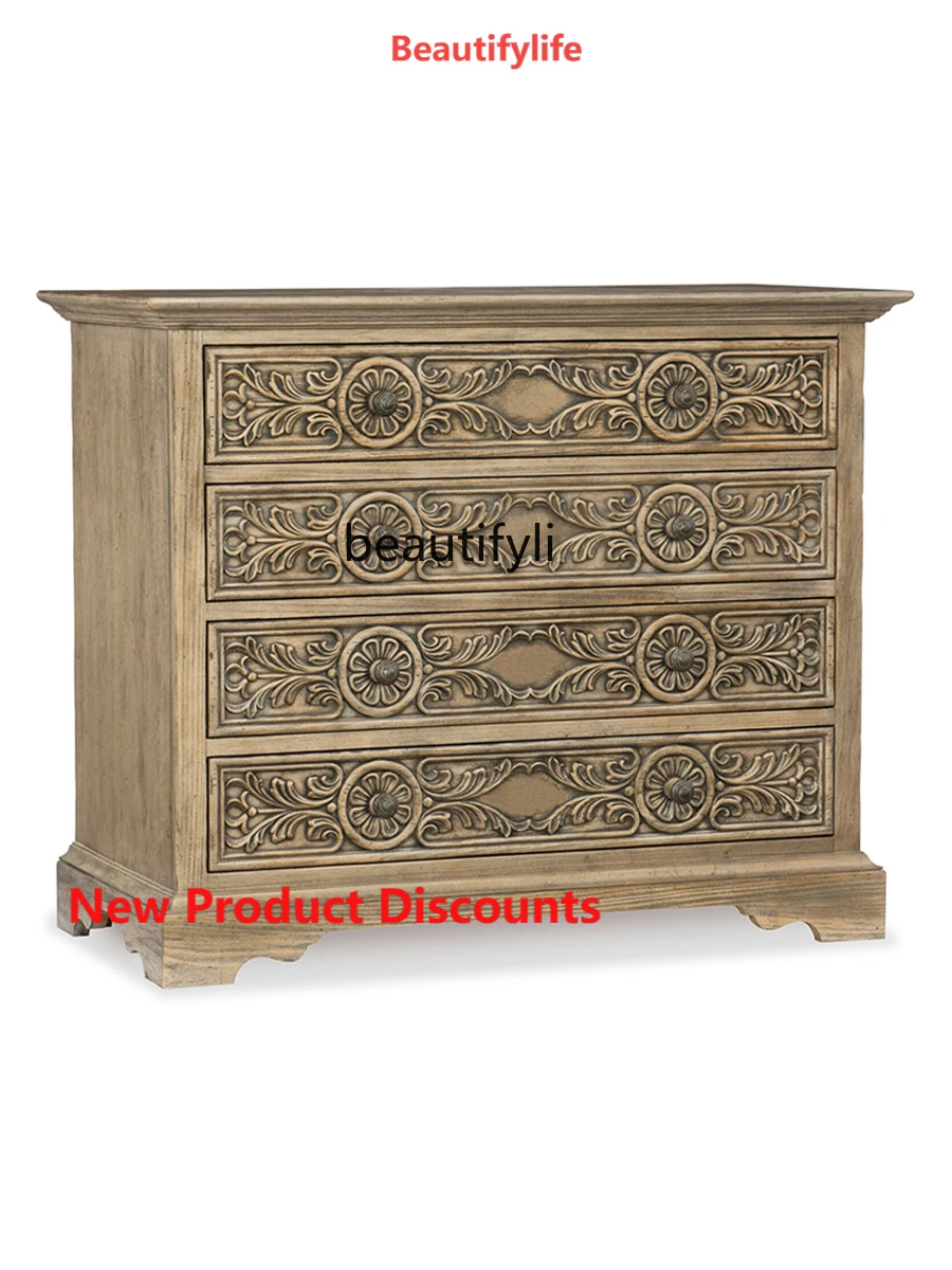 

X188 French Carved Bedside Table Bedroom Solid Wood Large Three-Drawer Storage Cabinet American Retro Bedside Small Chest of Dra