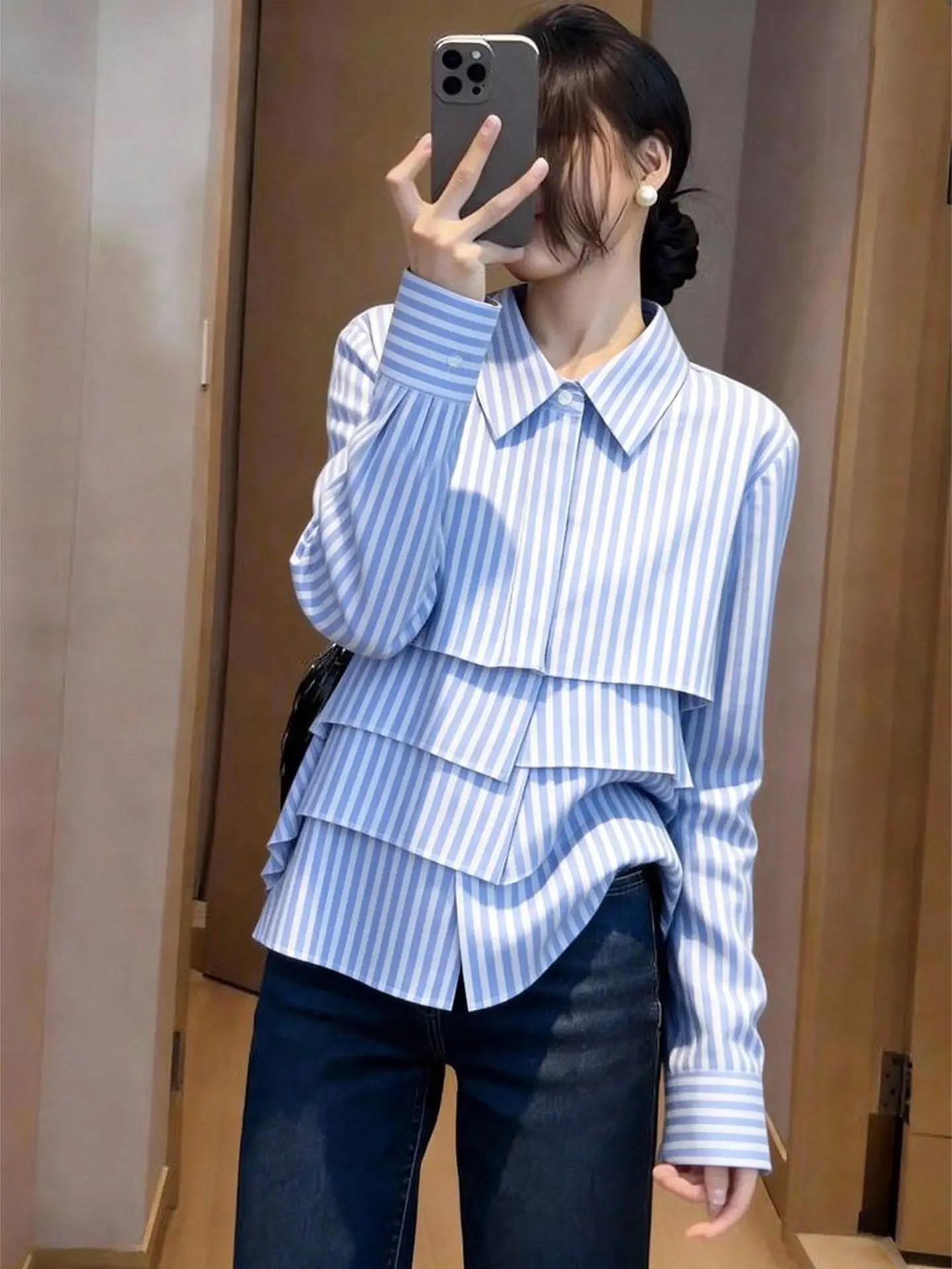 

Blue Striped Loose Comfortable Women's irt Unique Design Early Spring Open Cardigan Simple Sle Faionable Unique