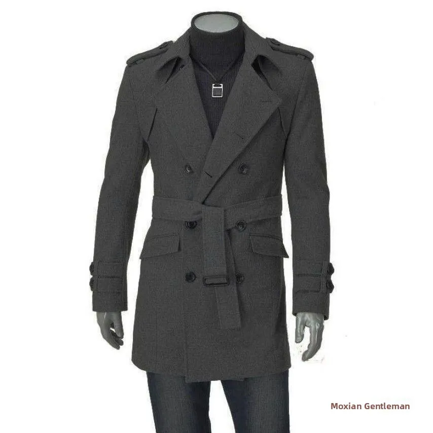 Fashionable Men's Autumn Winter Coat Korean Style Shoulder Strap Double Row Button Woolen Coat Long Length Single Button Door