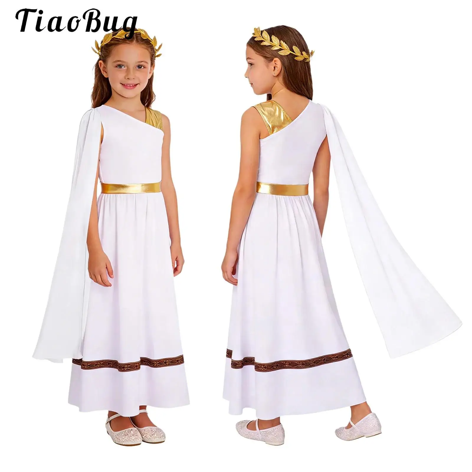 Kids Girls Ancient Greek Toga Goddesses Costume Metallic Sleeveless Shawl Cape Dress Halloween Greece Roman Athena Princess Robe
