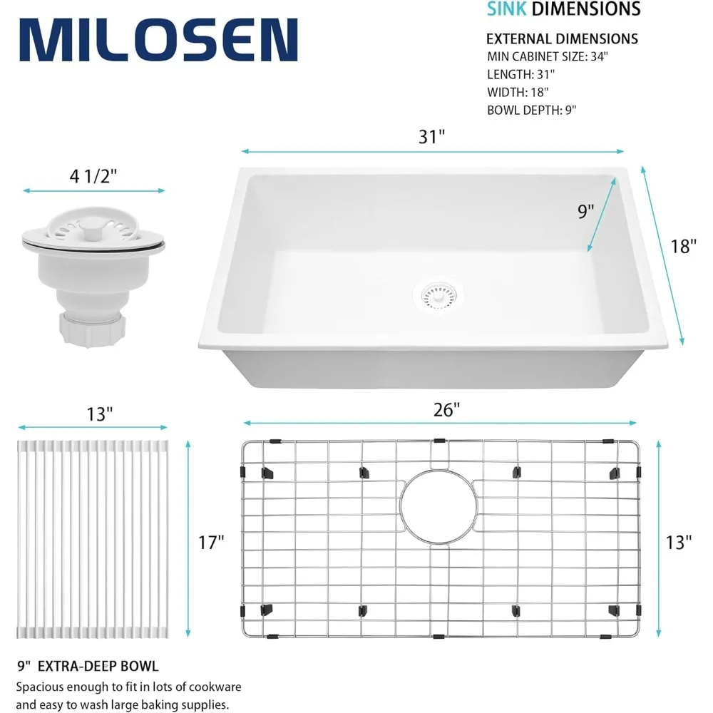 MILOSEN Pia de cozinha sob montagem compuesta de granito de tigela única de 31 x 18 polegadas com profundidade de 9 polegadas e grande capacidade