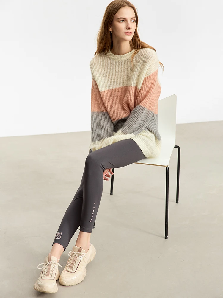 AMII Minimalist Fashion Women Sweaters 2023 Winter New Loose Contrast Color Medium Long Raglan Sleeve O-Neck Pullovers 12354043