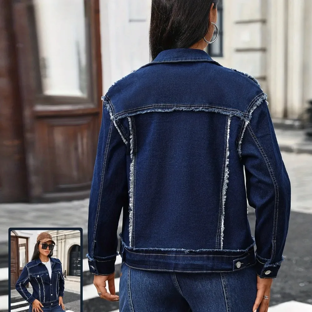 Denim Jackets Women Short Coat Vintage Distressed Washed Ragged Edge Overcoat Pockets Single Breasted Outerwear Streetwear