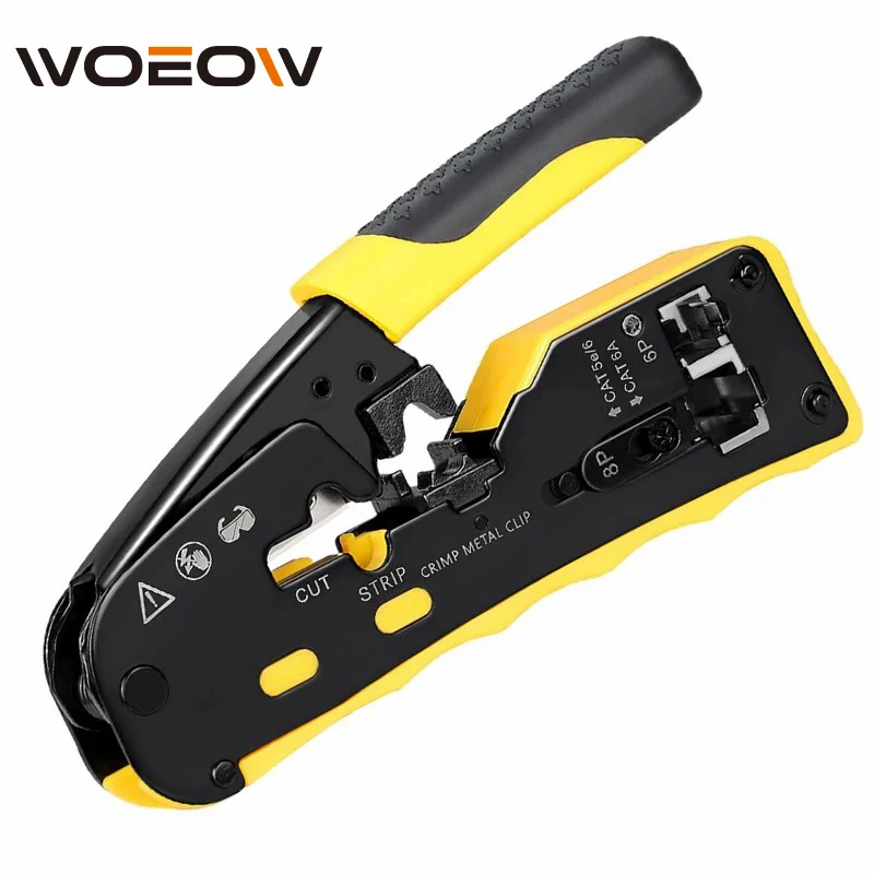 WoeoW RJ45 Crimp Tool Pass Through Industrial Grade Ethernet Crimper All-in-one Ratcheting Modular Data Cable Crimper