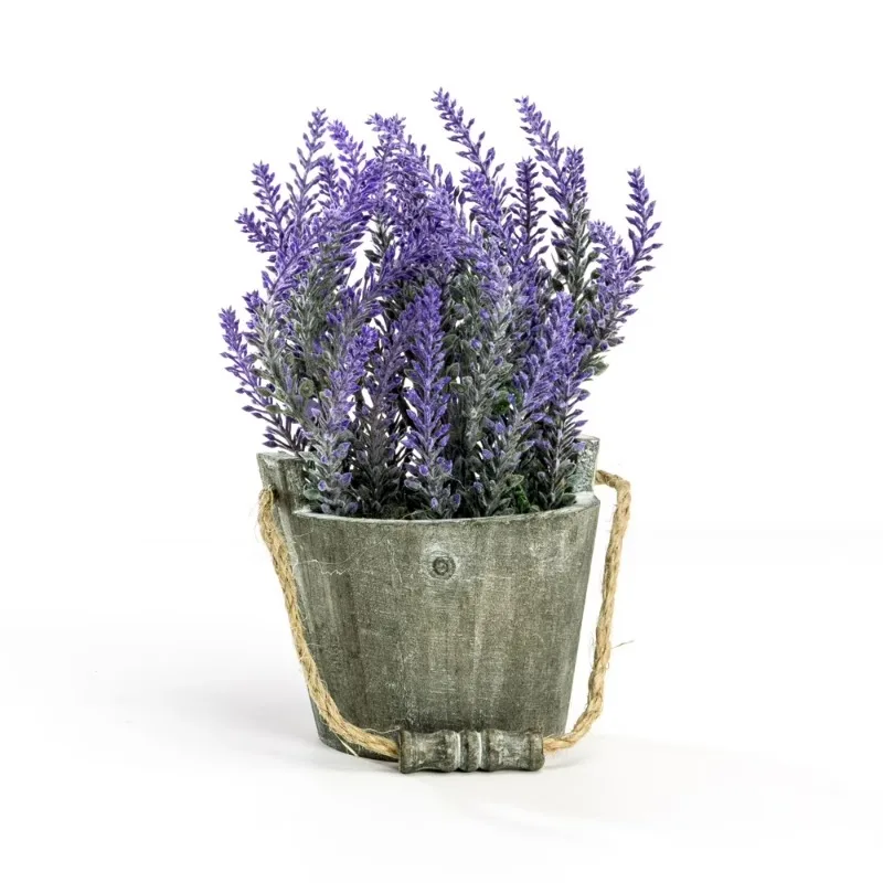 

Vintage Bouquet of Artificial Lavender Flowers Potted in a Rustic Gray Wooden Metal Planter Pot 6.7Dia x 8.3H inches