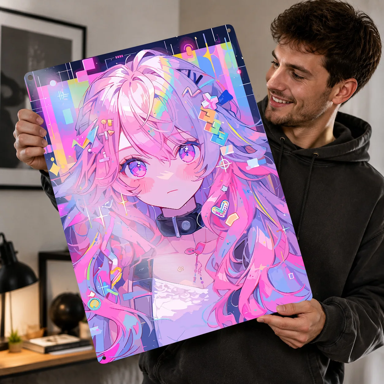 Anime Girl With Pink Hair 3D Texture Printed Poster Custom Vintage Metal Tin Plate Sign for Wall Art Gamer Decoration Gaming