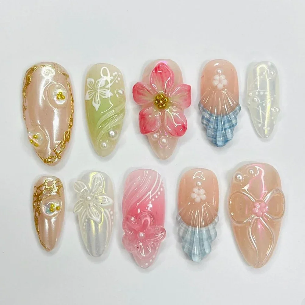 2024 Vendita calda 3D Shell Gel Lavoro manuale Unghie finte Fiori di giglio Aurora Rosa Mandorla Stampa sulle unghie Art Party Sticker Regalo personalizzato